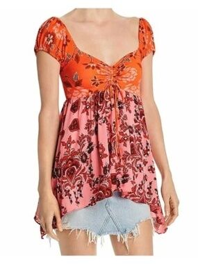 Free People Floral Tunic Top Boho Puff Sleeve Smocked Size M
